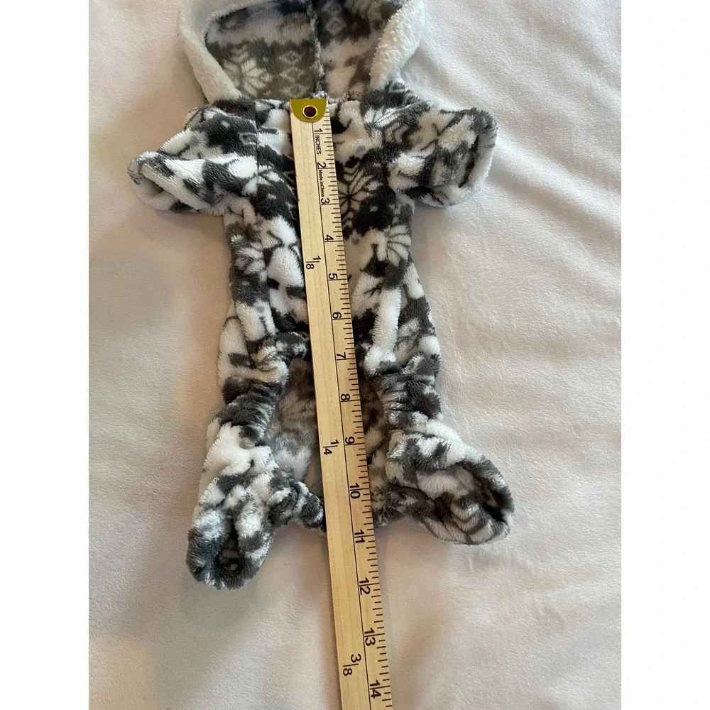 Grey White Fair Isle Reindeer Fleece Pet Pajamas Hooded Dog Cat One Piece Small